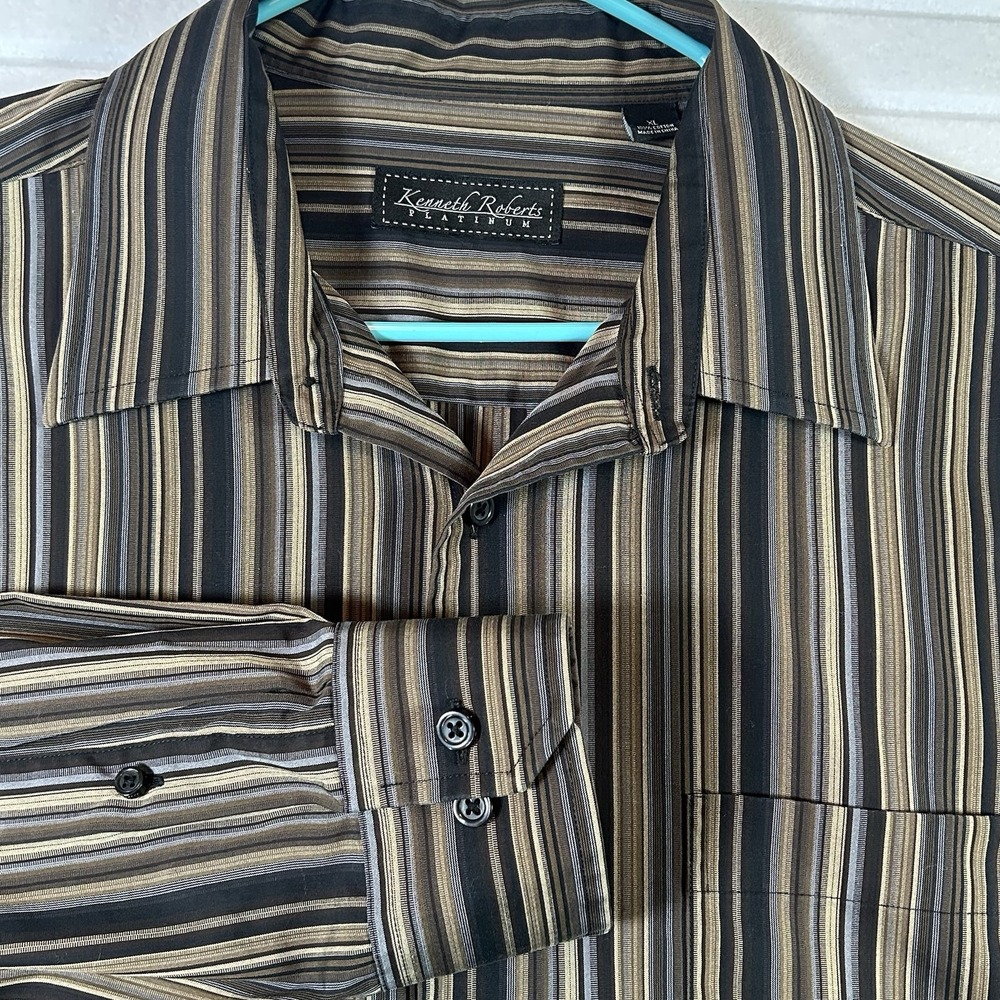 Kenneth Roberts Platinum Men's XL 100% Cotton Striped Dress Shirt Brown Black